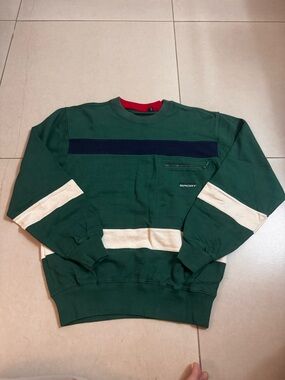 Men's Green Crewneck Sweatshirt with Contrast Stripes